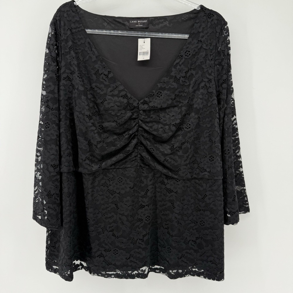 Lane Bryant Black Lace V Neck 3/4 Sleeve Lined Top‎ Size 22 NEW babydoll Style